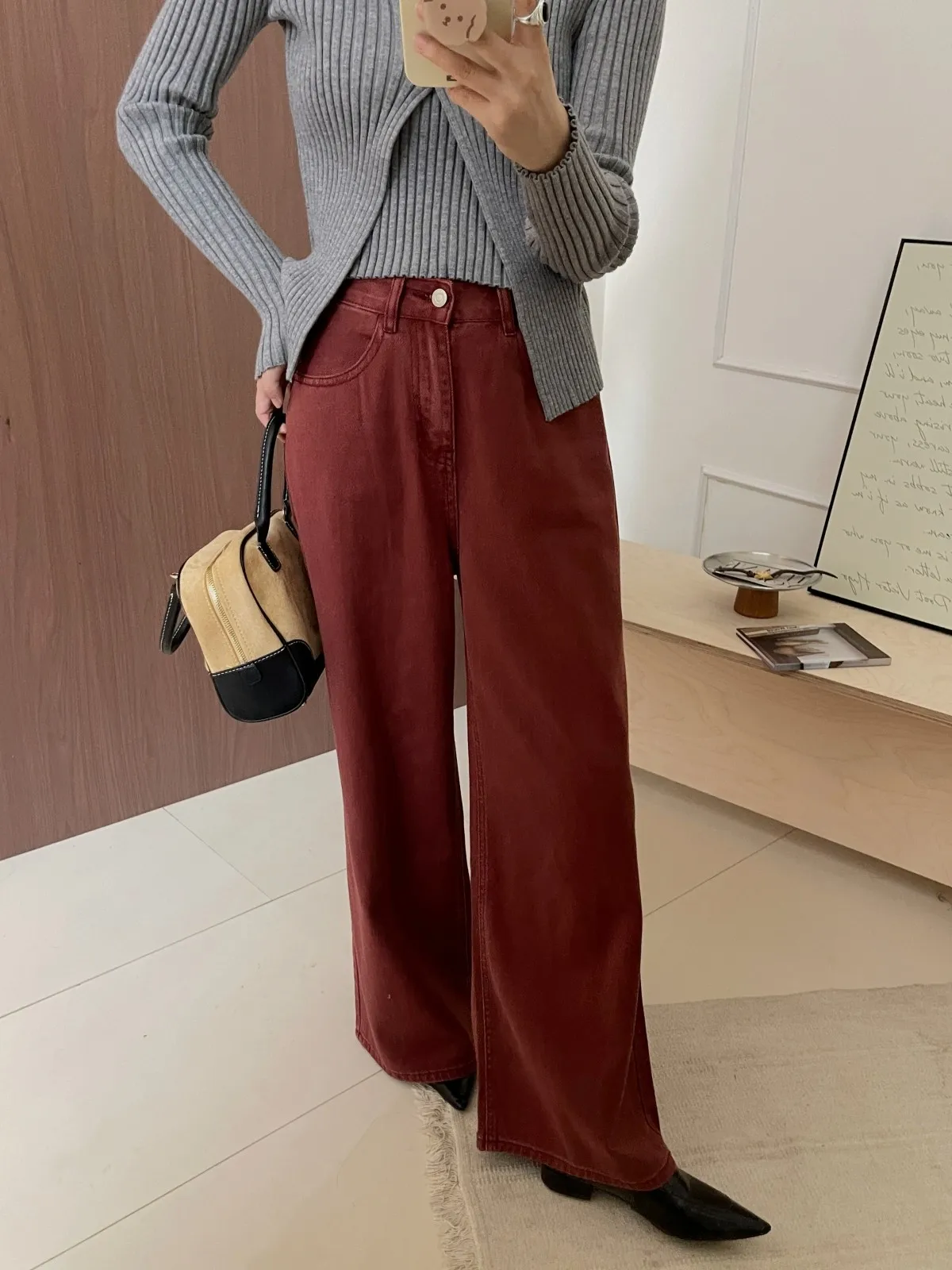 

ZHISILAO Red Floor Length Jeans Women Vintage Loose Baggy Wide Leg Denim Pants Chic Y2K Jeans Streetwear Outfit 2024 Autumn