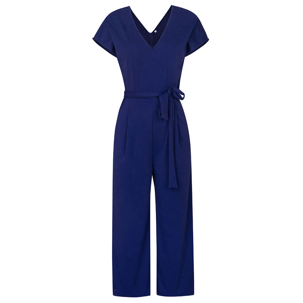 

Women V-neck Jumpsuit Short Sleeve Solid Color Summer Playsuit Rompers