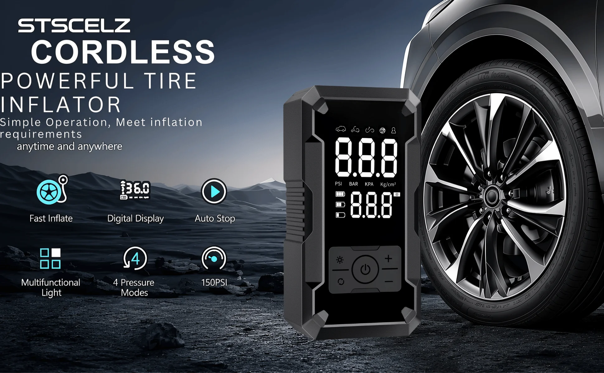STSCELZ Autoreifenfüller, 150 PSI kabelloser Luftkompressor mit digitalem Manometer, wiederaufladbare tragbare Reifenpumpe – Detail 6