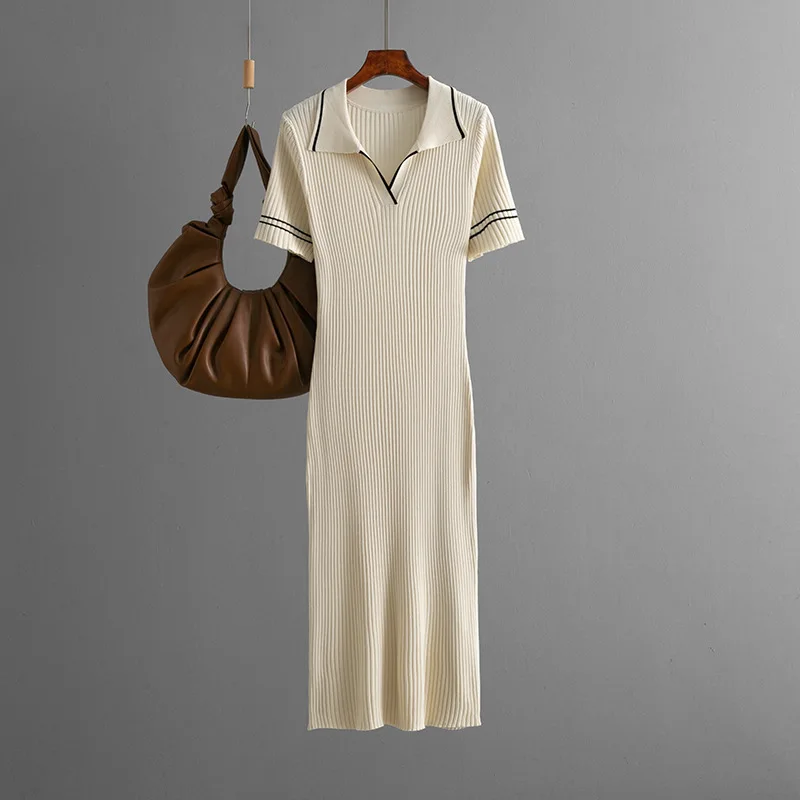 فستان نسائي ملفوف على الورك بأكمام قصيرة فساتين طويلة متماسكة وياقة مقلوبة بقصة ضيقة وأنيقة من فيستدوس محبوكة أنيقة