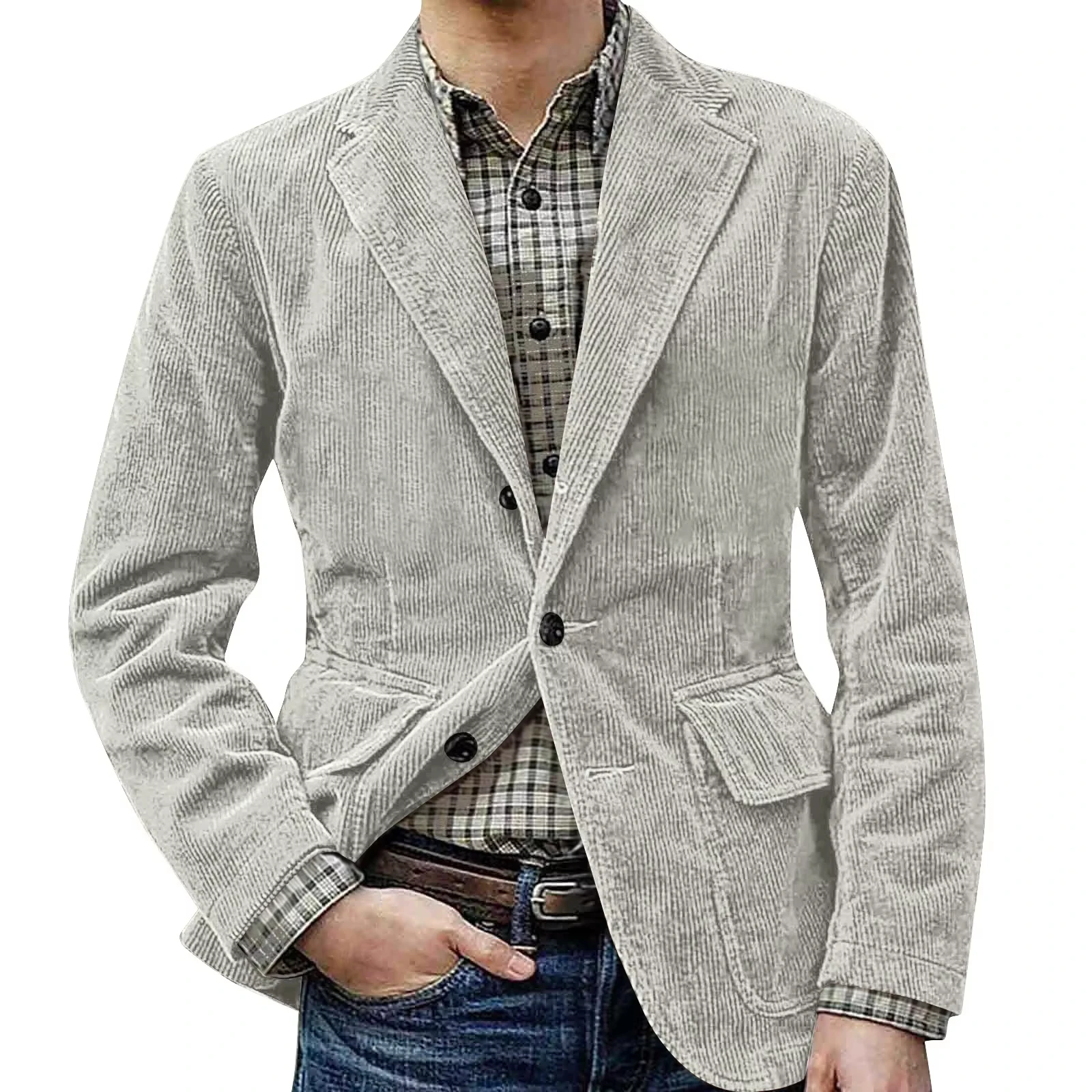 Cord-Anzugjacke mit warmer Tasche, einfarbige Strickjacke für Herren, Freizeitanzug, Wintermode, einreihige warme Top-Jacke