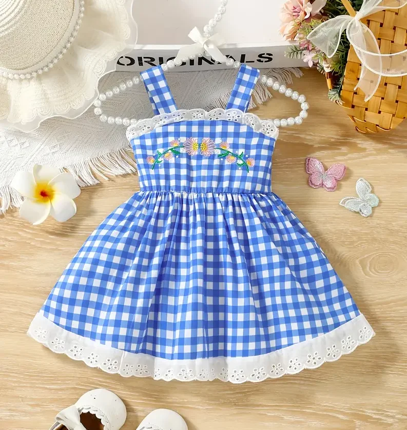 Summer New Baby Girls Dress Sweet Princess Dress Halter Plaid Floral Embroidery Lace Rustic Sweet Princess Dress