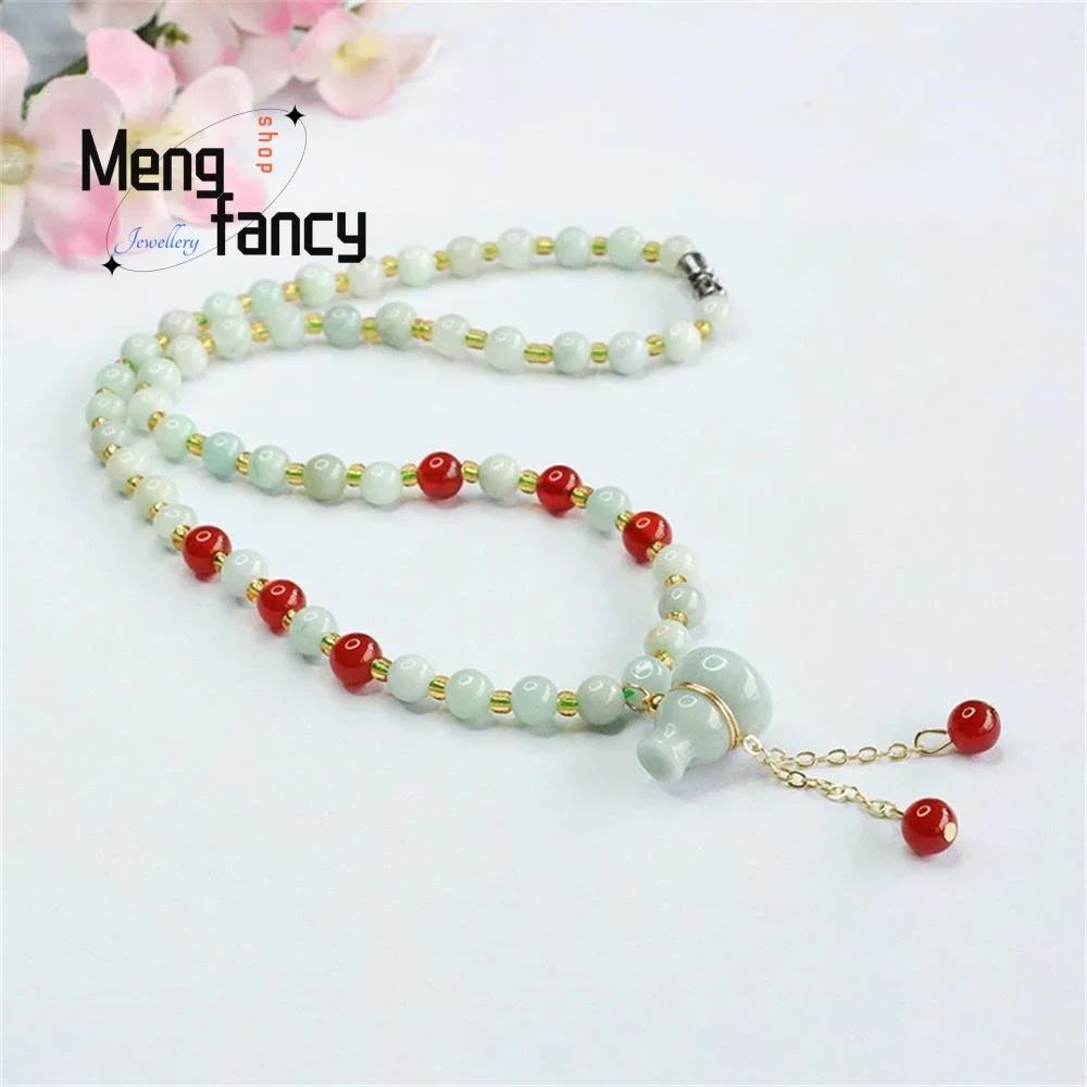 Natural Jadeite Exquisite Elegant Simple High-grade Necklace Jade Gourd Red Agate Bead Chain Luxury Quality Jewelry Holiday Gift