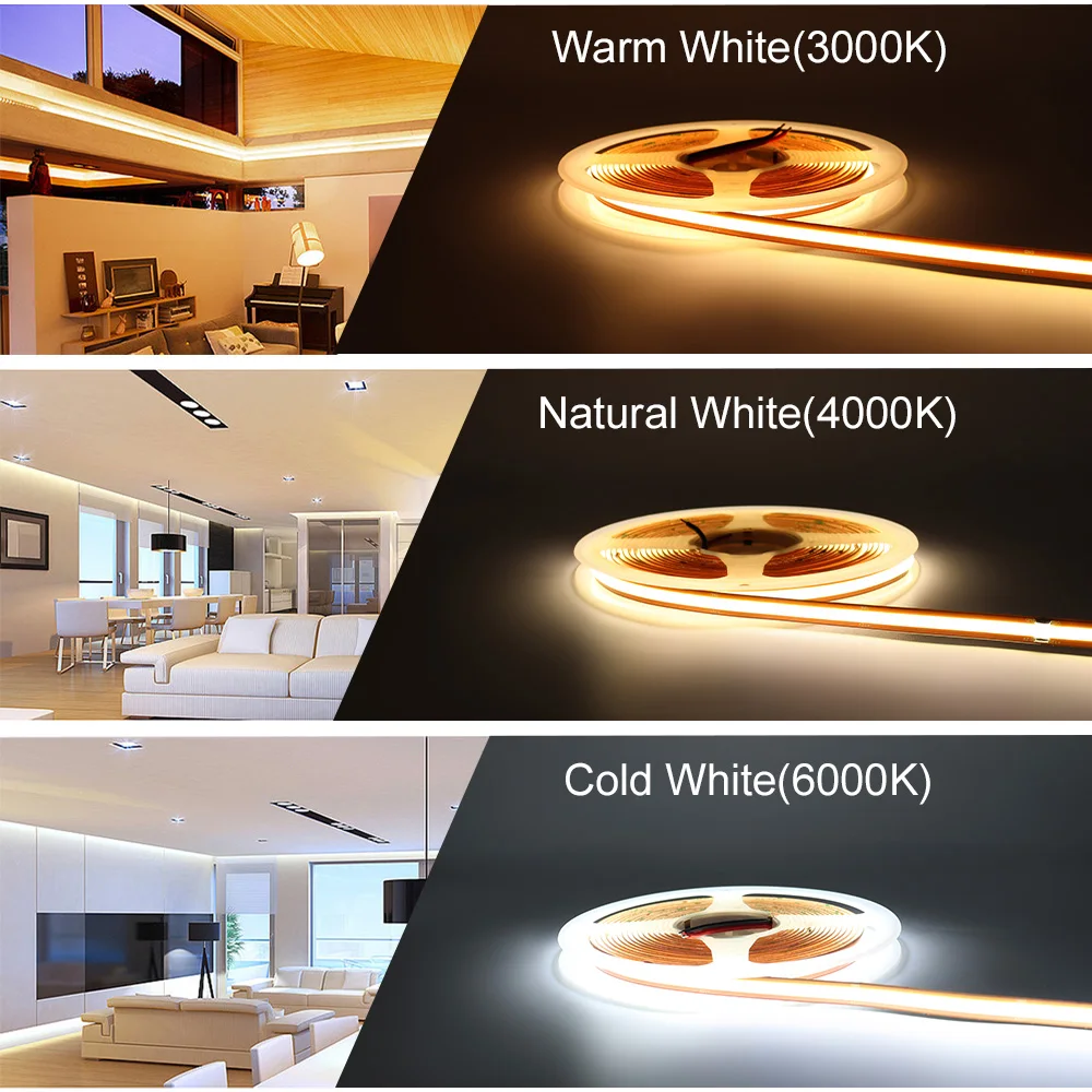 Free Cut COB LED Strip 12V 16.4FT Light Tape 24V LED Flexible Ribbon Lamp 528 LEDs/m 8mm LED Strip for Home Lined Lighting