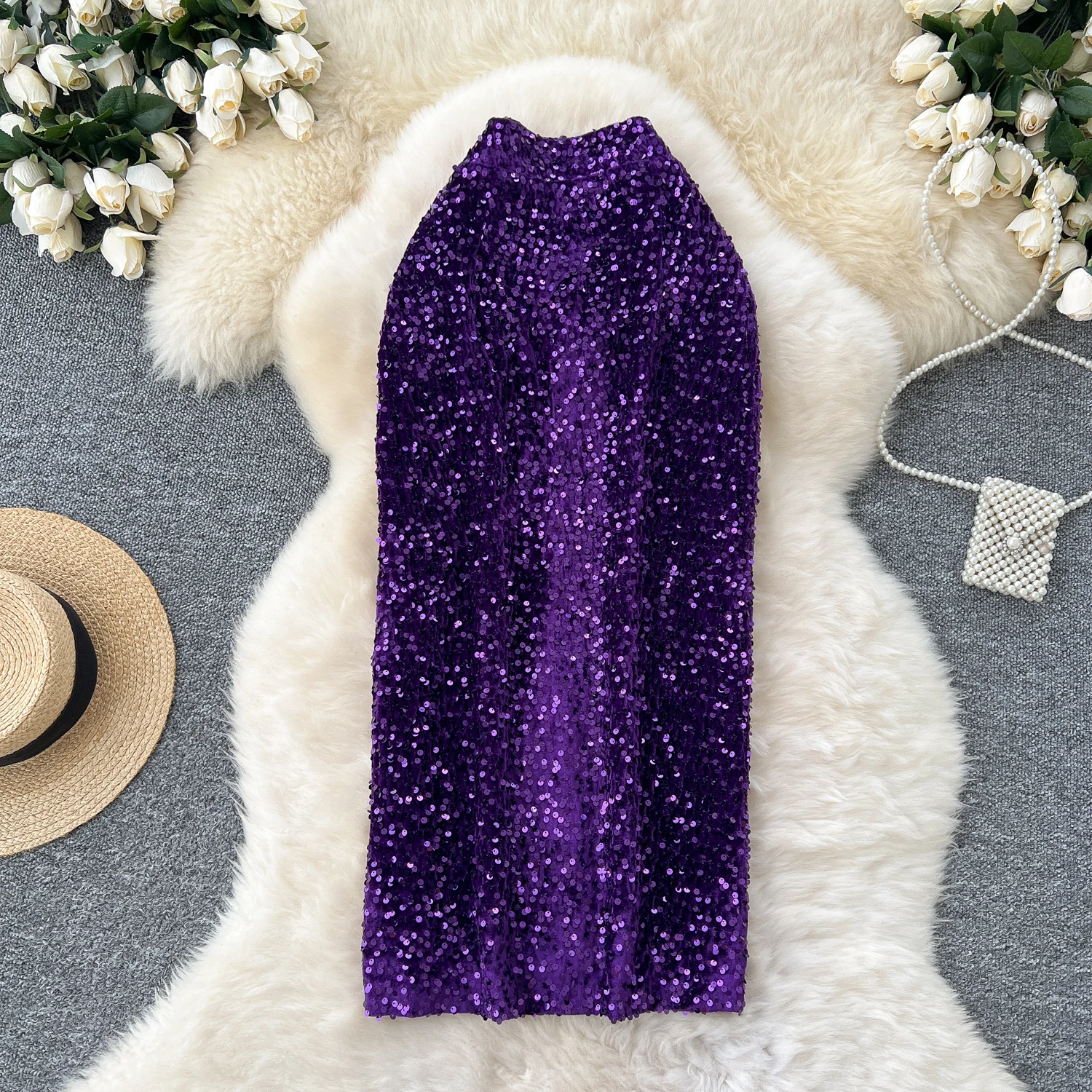 Mulheres chique glitter veludo lápis saia de cintura alta elegante moda envoltório saia outono inverno roupas