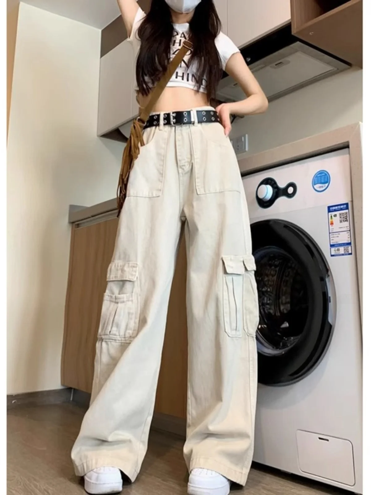 American sle workwear jeans cintura alta perna reta emagrecimento calças de perna larga primavera outono feminino faion casual denim