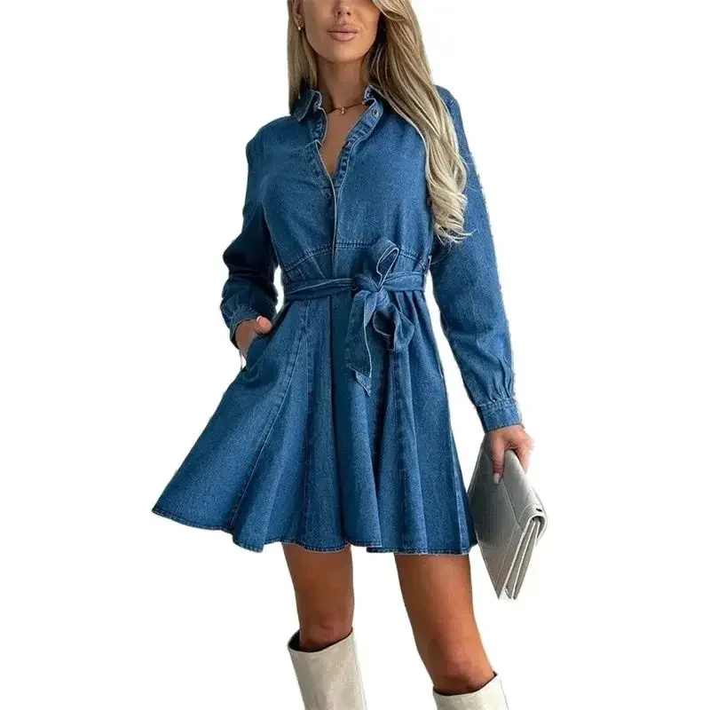 

Women Single-breasted Cardigan Lapel Denim Dresses Vintage High Waist Lace-up Long Sleeve Dress Female Casual Pleated Frock Gown