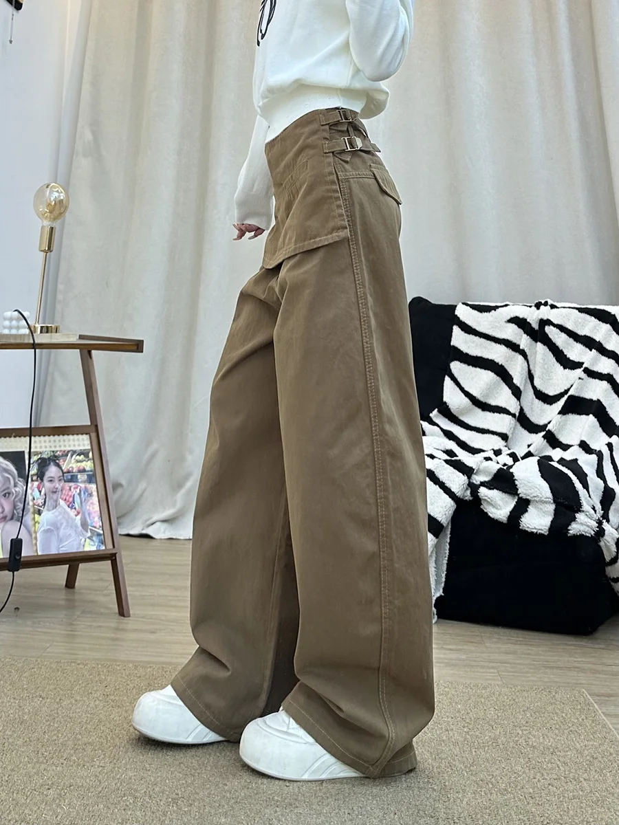 ReddaChic-pantalones largos rectos para mujer, pantalón Retro caqui liso, informal, holgado, de tiro alto, por encima de la parte delantera, Palazzo