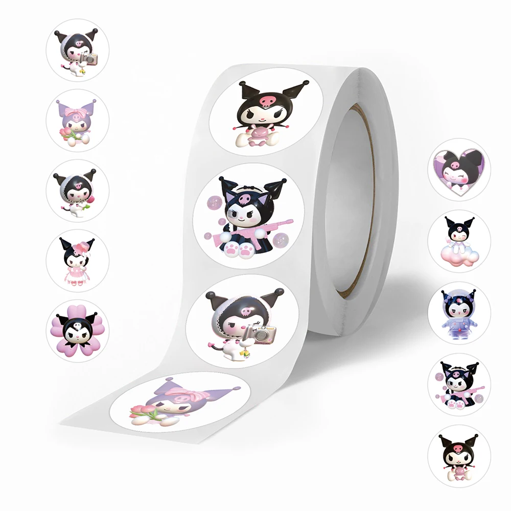 500pcs/Roll Sanrio Cute Cartoon Anime Kuromi Stickers Roll Fridge Album Label Planner Funny Kawaii Stationery Sticker Kids Toys