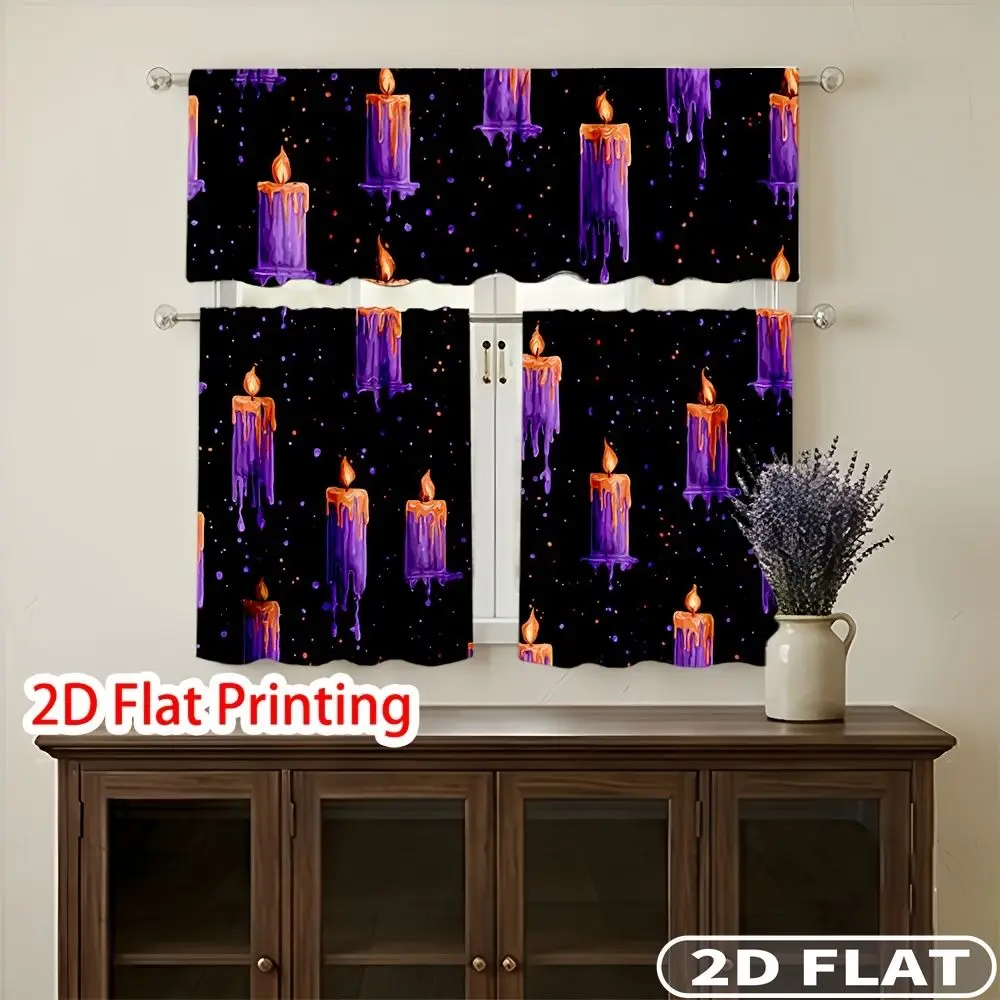 

3pcs Halloween Candle Pattern Curtains Rod Pocket Valance Curtain Tier Machines Washable, Ideal For Bedroom Kitchen Home Decor