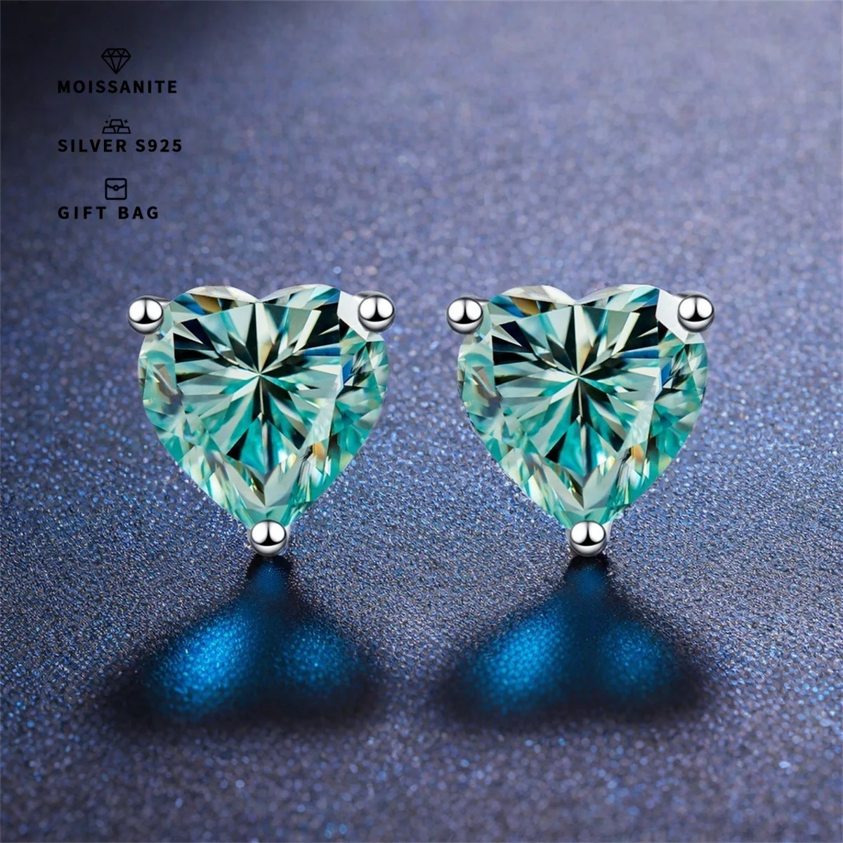 A pair of heart-shaped stud earrings, S925 silver plated platinum inlaid with Cyan GRA Moissanite for men & women elegant