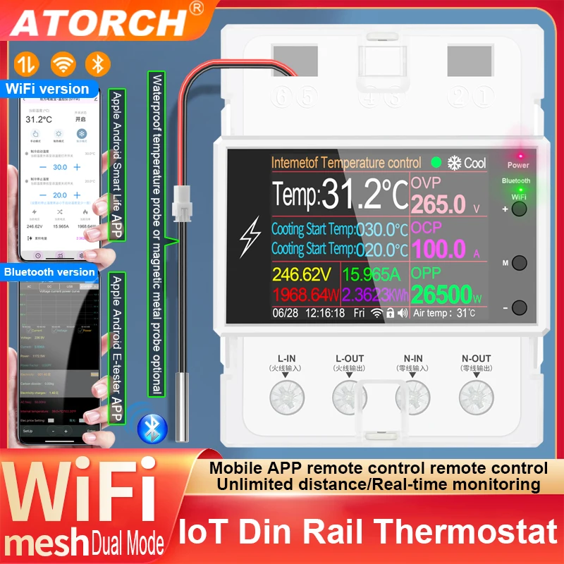 ATORCH AT4PTW WiFi Tuya Din Rail Thermostat Incubator Temperature Controller Timer Switch AC220V 100A for Heating Cooling