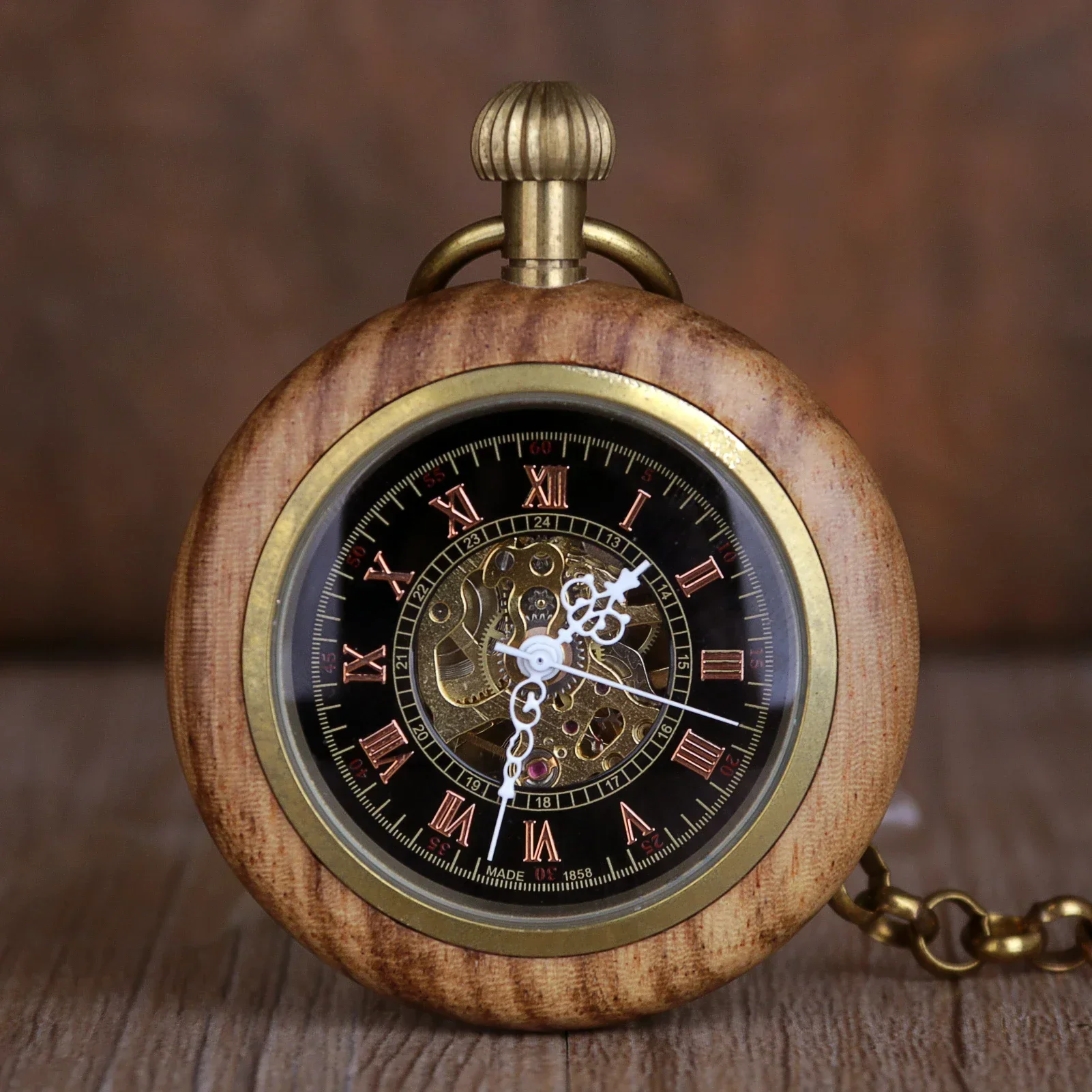 Reloj de bolsillo de madera completo con pantalla de números romanos clásicos, reloj mecánico colgante de bronce, cadena colgante, reloj Vintage nuevo