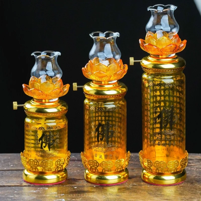 Lotus Oil Lamp For Buddhist Altar & Prayer With Windproof Glass Top, Home Buddha Worship Decoration Religious Items