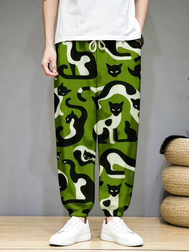 Japanese Art Cat Print Drawstring Waist Sweatpants Fashion 3D Printed Long Carrot Trouser Holiday Oversized Hip hop Streetwear