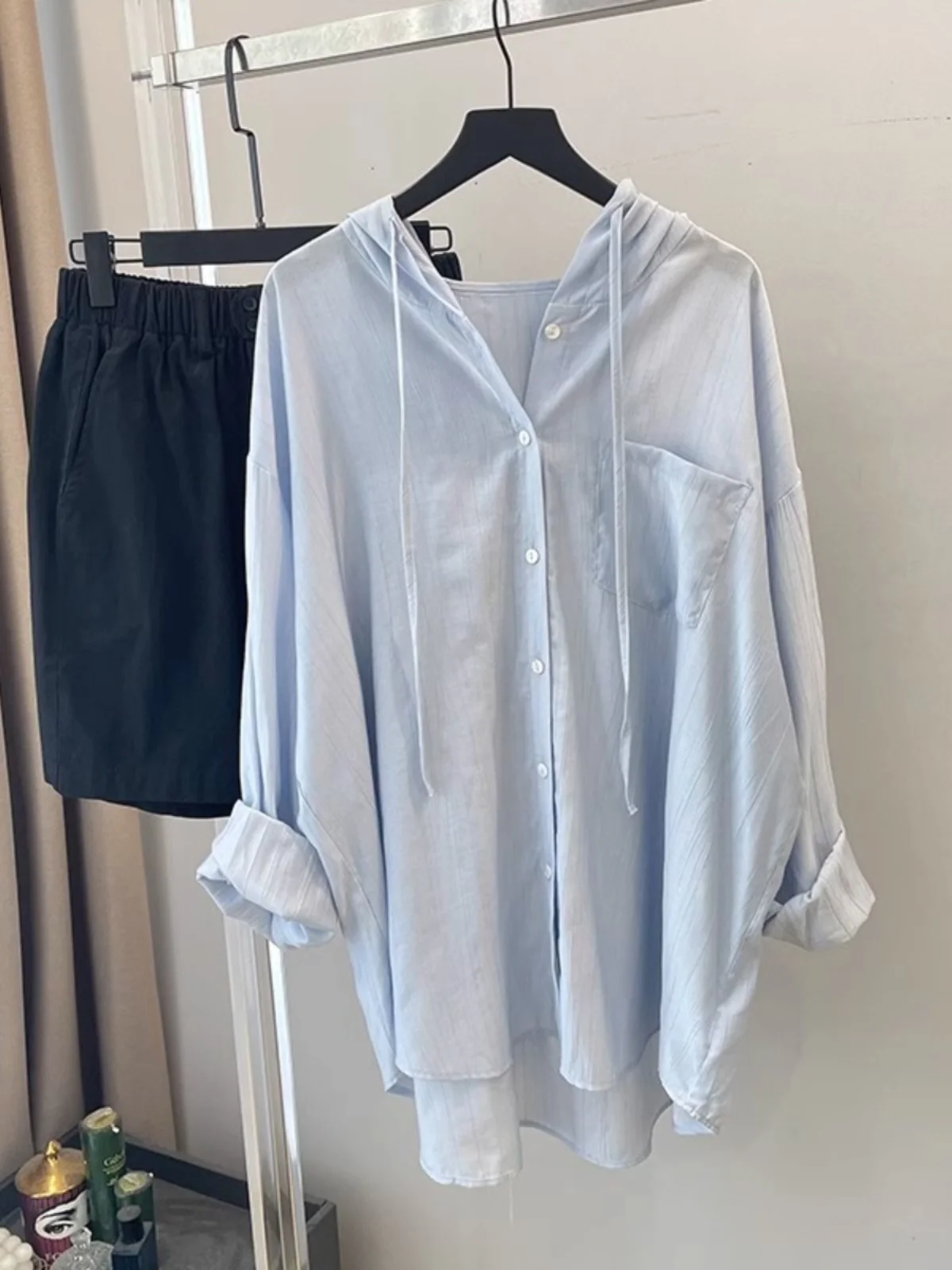 

Ice Silk Hooded Sun Protection Outerwear Women's Summer Lightweight Breathable Loose Casual Long Sve Outer irt Top