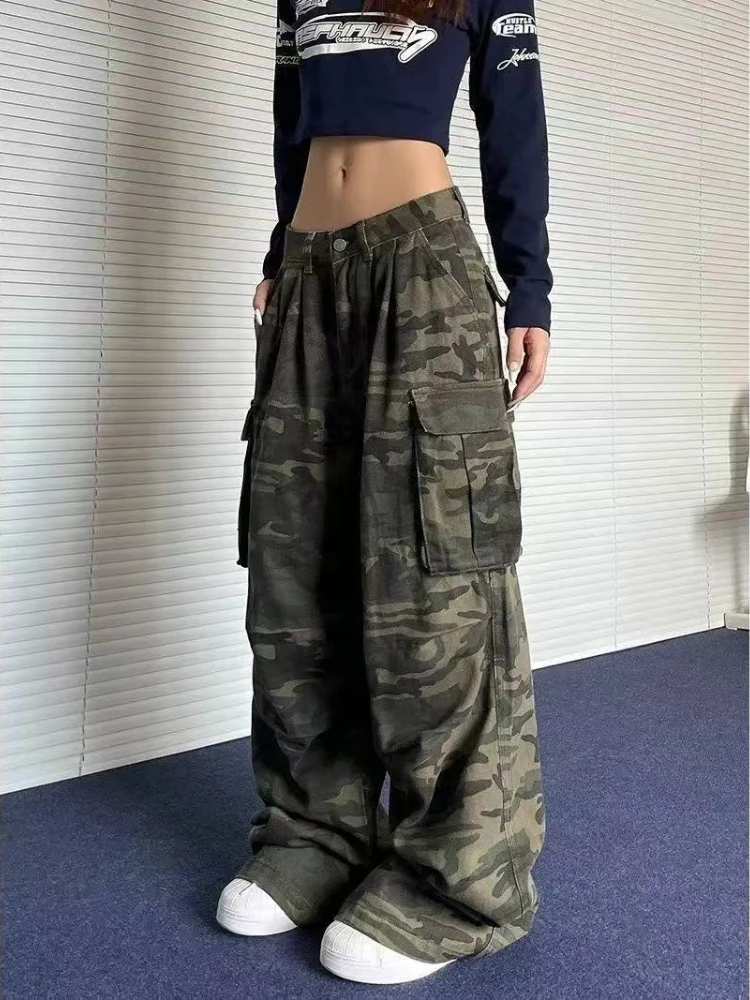 التمويه البضائع الجينز المرأة عالية الخصر خمر مستقيم فضفاض Y2K الدنيم السراويل للجنسين الهيب هوب الأمريكية واسعة الساق سراويل جينز #2