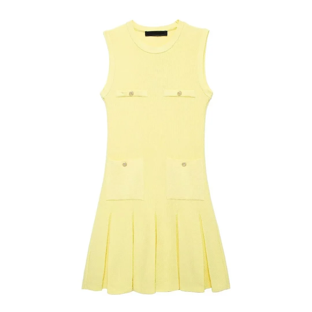 Tangada 2024 Women Solid Yellow Knitted Tank Dress Sleeveless Female Mini Dresses 3H0522