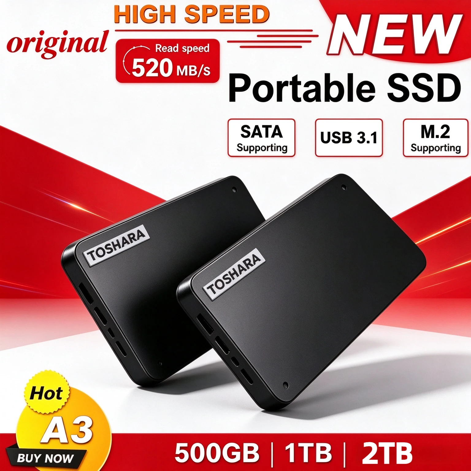 New Portable Hard Drive A3 SSD 500GB 1TB 2TB 4TB SSD Black External Hard Drive USB 3.0 Portable for Gaming Console Office Gift