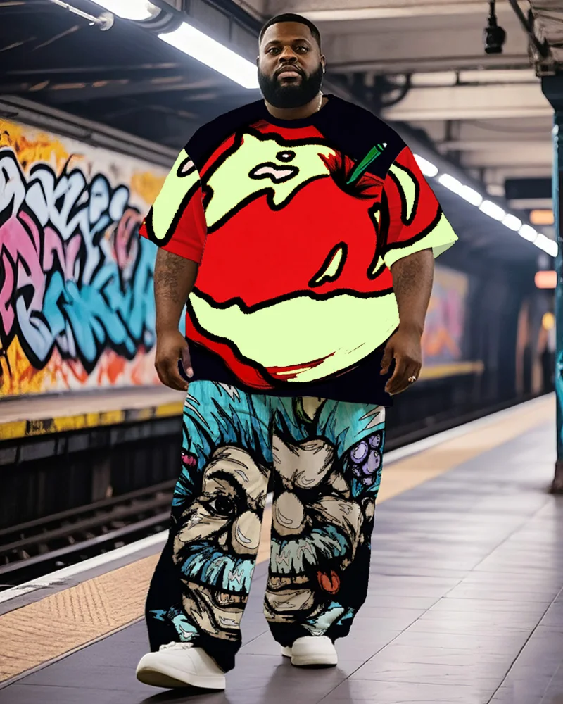

S-9XL Men's Plus Size Funny Cartoon Tee & Pants 2-Piece Breathable Loose Fit Summer Casual