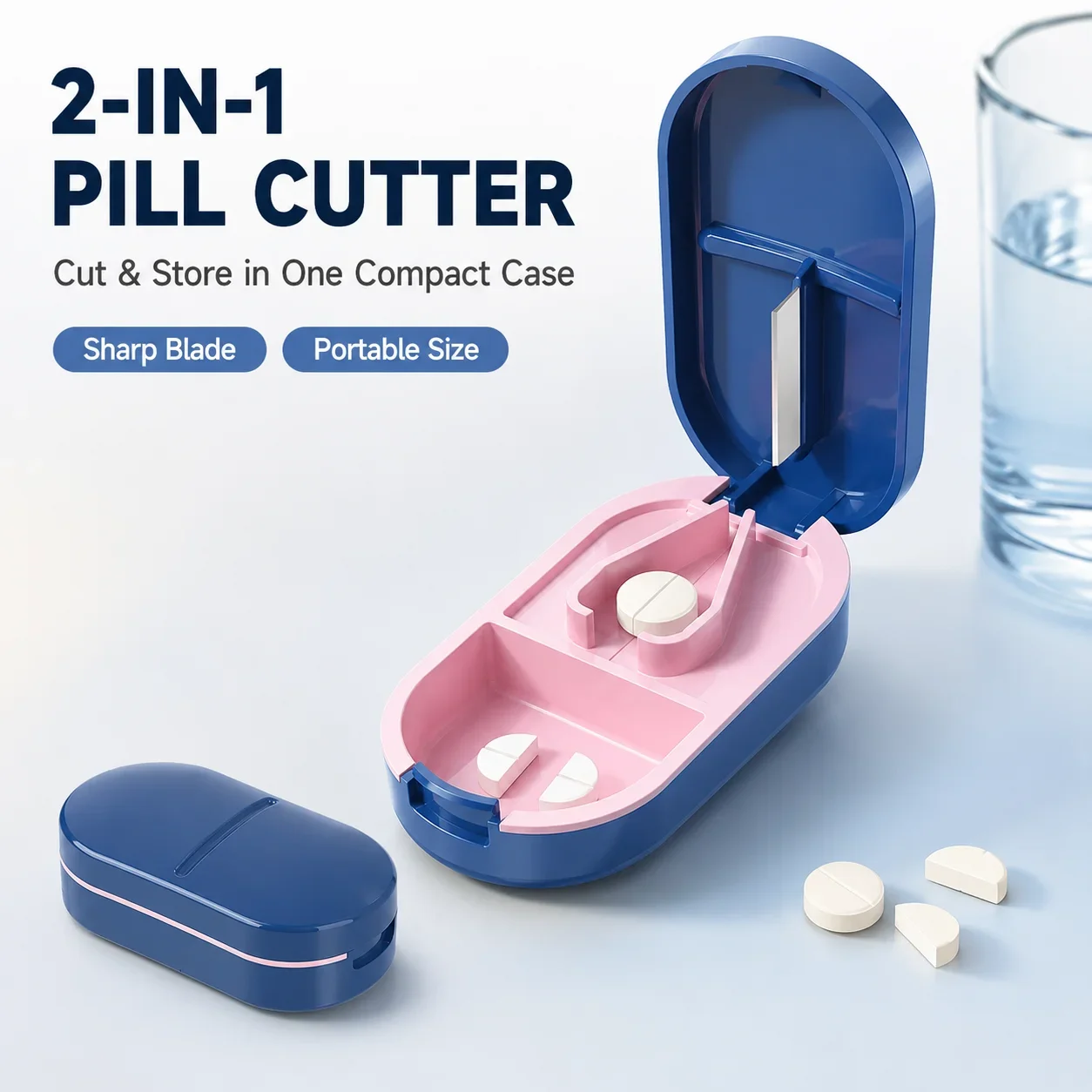 Mini Portable Pill Cutter Box 2 In 1 Tablet Splitter Medicine Storage Case Travel Pill Organizer Medication Divider Container