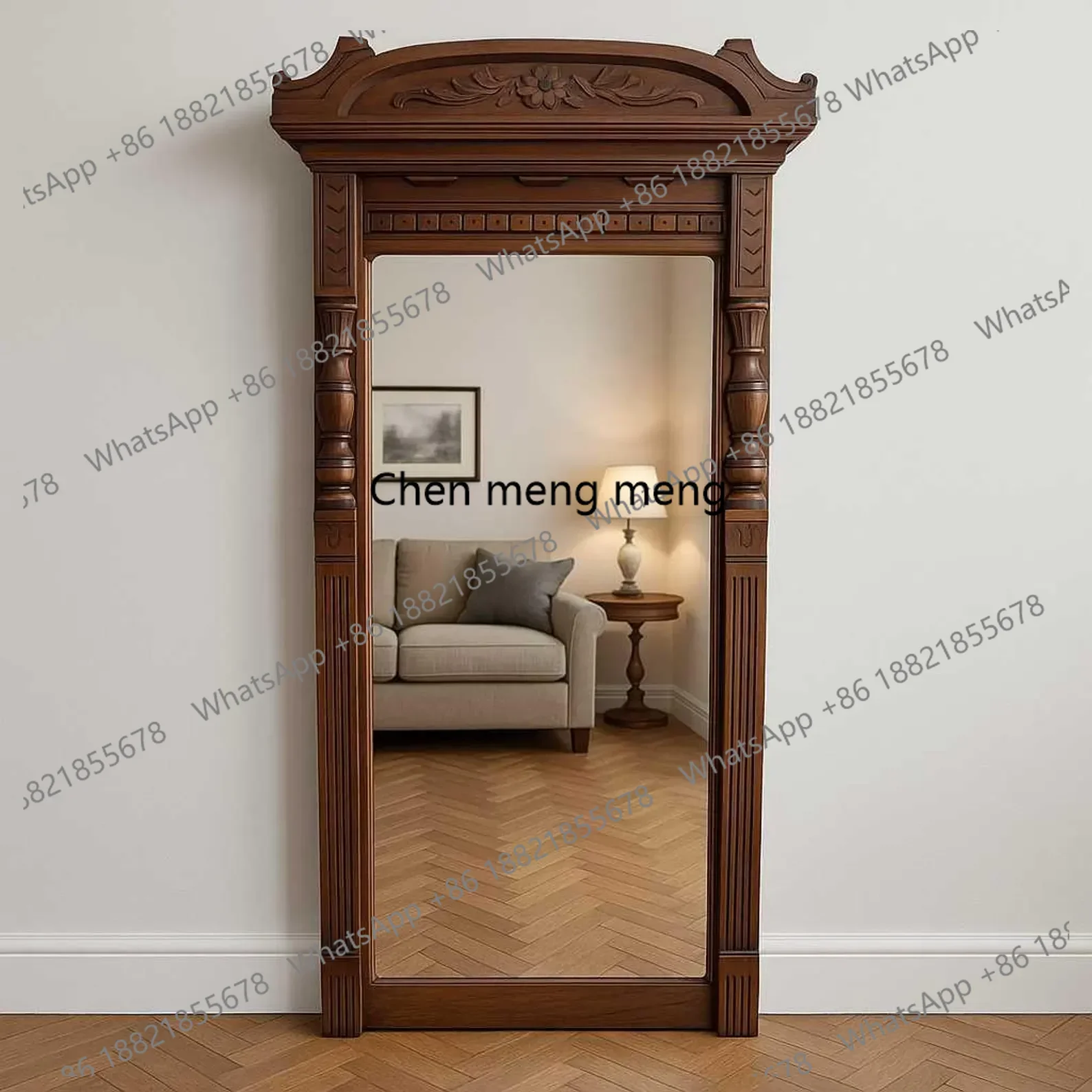 

New Chinese style, floor mirror, American retro wood carved full body mirror, household French light luxury