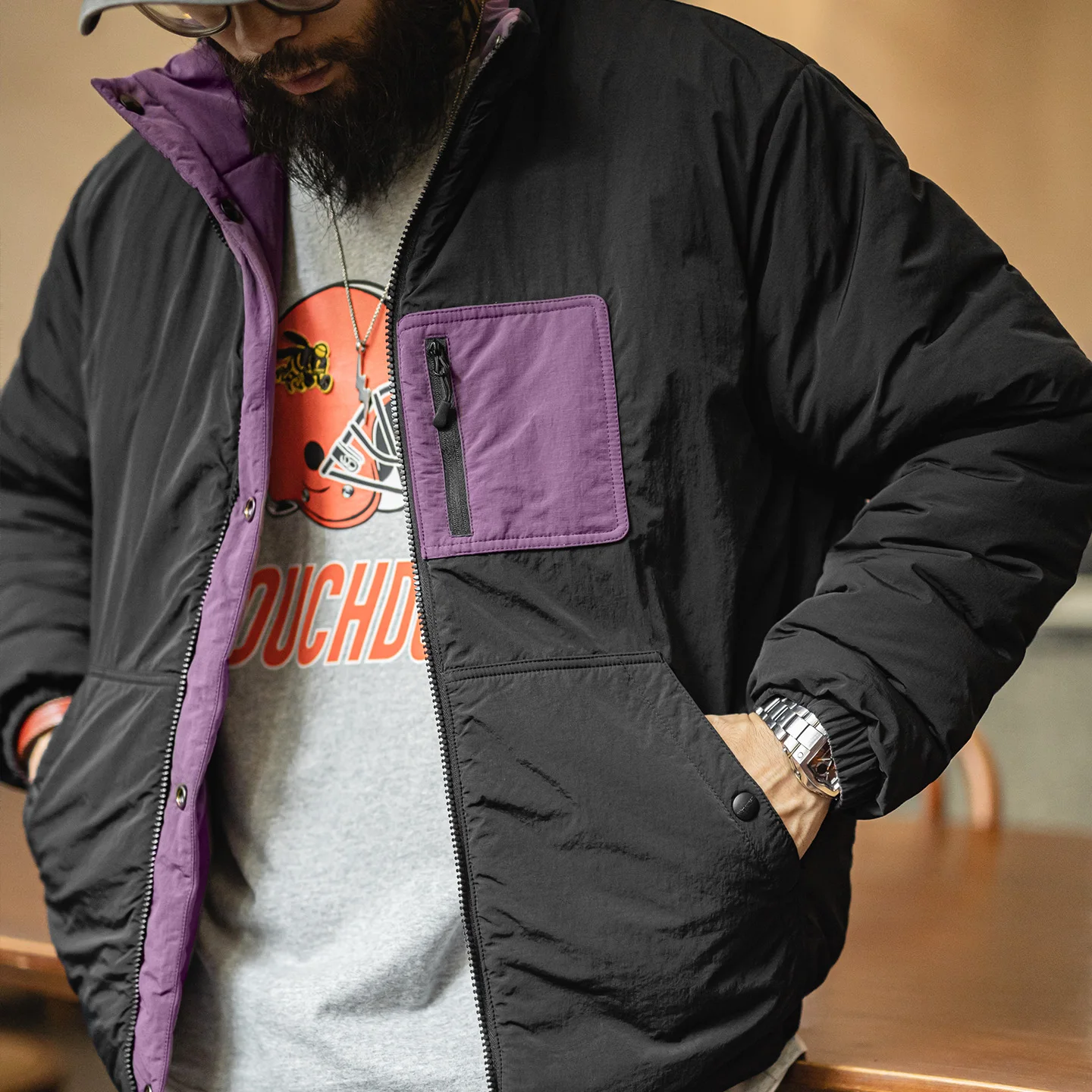 سترة مبطنة من Maden للرجال سميكة ودافئة وقصيرة للشتاء معطف مبطن بالقطن قابل للعكس وياقة واقفة ملابس خارجية غير رسمية