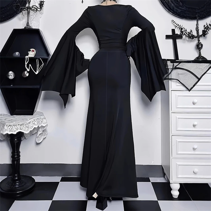 القوطية حزب فستان طويل ريترو عالية الخصر الدانتيل انقطاع متوهج كم الظلام خمر ماكسي ثوب للنساء هالوين تأثيري مخيف