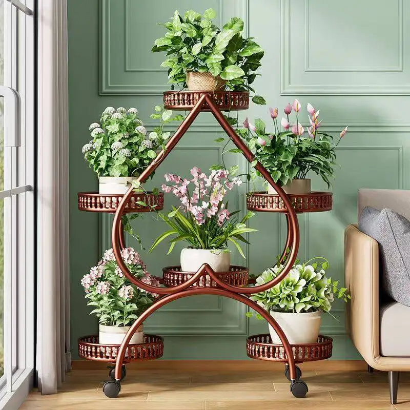 Metal Plant Stand Planter Shelf Floor-Standing Flower Pot Stand Living Room Movable Iron Multi-layer Flower Pot Display Rack