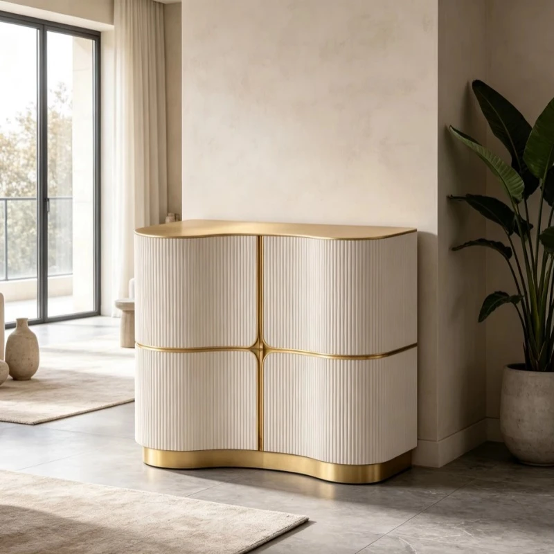 Wave Curved Side Cabinet Gold Matte White Side Cabinet Living Room Storage