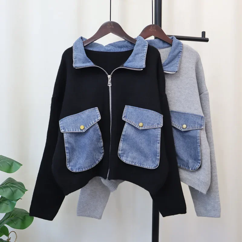 Women Denim Sweater 2024 Cardigan Kintted Button Loose Spring Autumn Vintage Winter Streetwear Y2k Jumper Coat Cardigans