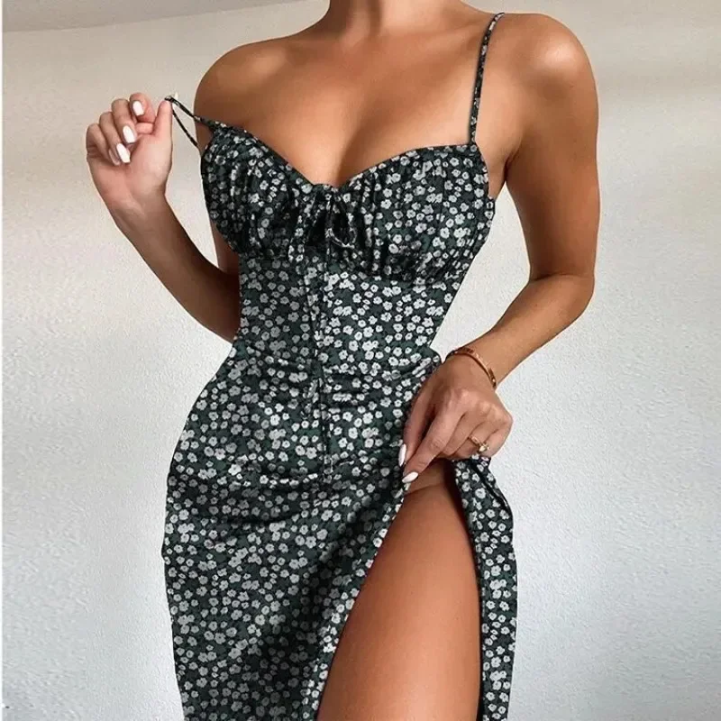 Vestido de tirantes finos con estampado de flores para mujer, Sexy, corte bajo, Fiesta en la playa, corte ajustado, elegante, ajustado, sin mangas, HH04
