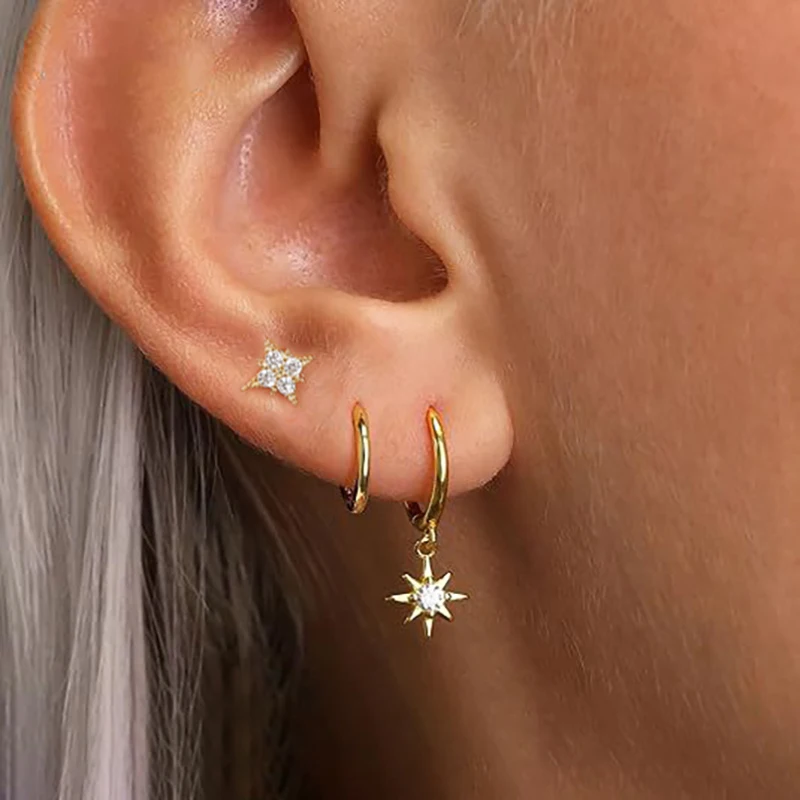 3PCS Classic Stainless Steel Star Hoop Earrings Set For Women Daily Wear Punk Helix Cartilage Huggie Earring Piercing Jewelry