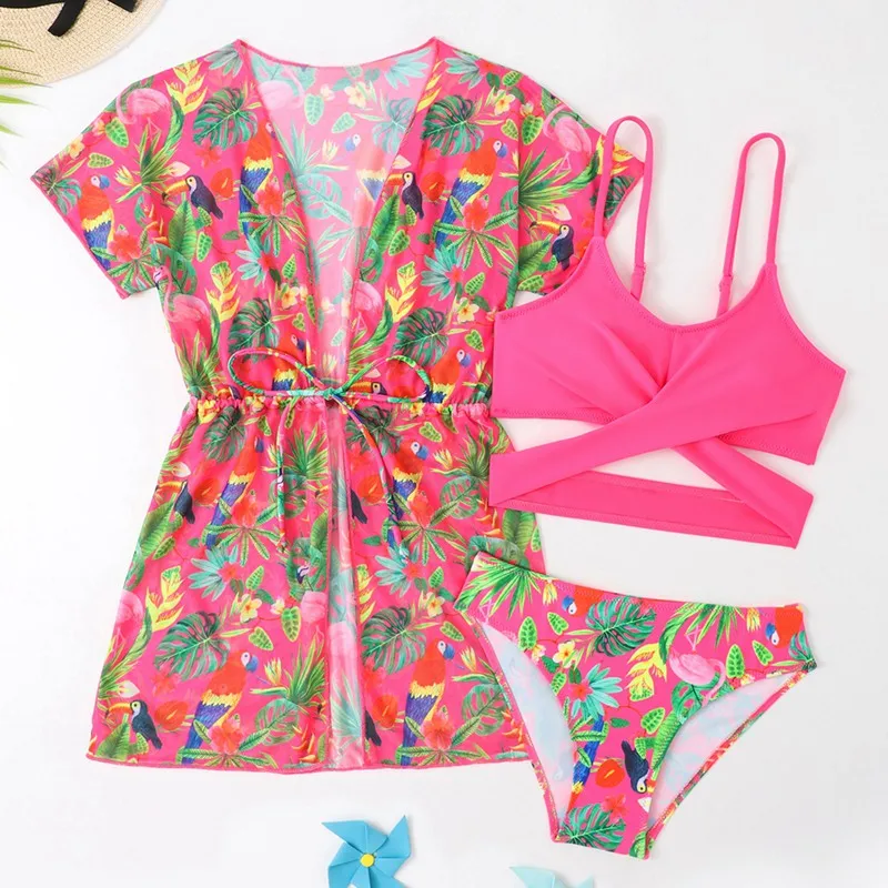 

3Pcs Kids Swimsuits Solid Sling Designed Tops+Floral Bikini Short+Cover-Up Girls Sweet Sun Protection Swimwear Bathing Surf Suit