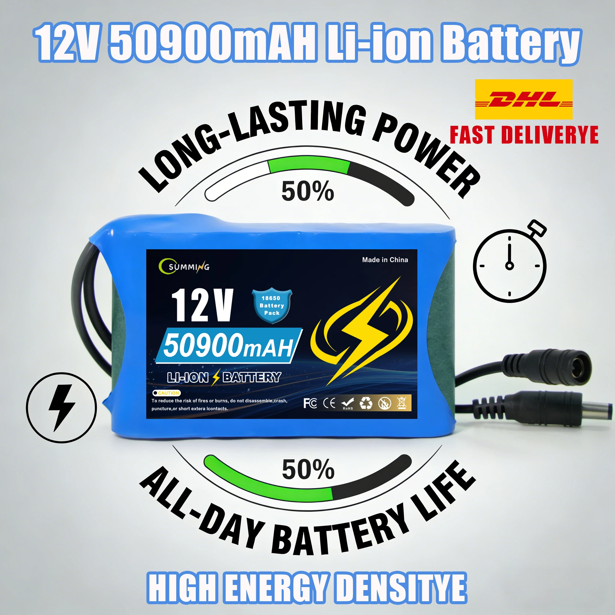 

12.6В 50900мАч 3S2P Li-ion Аккумуляторная батарея 12В 50.9Ач с питанием от постоянного тока Зарядное устройство, защита от перезаряда/переразряда