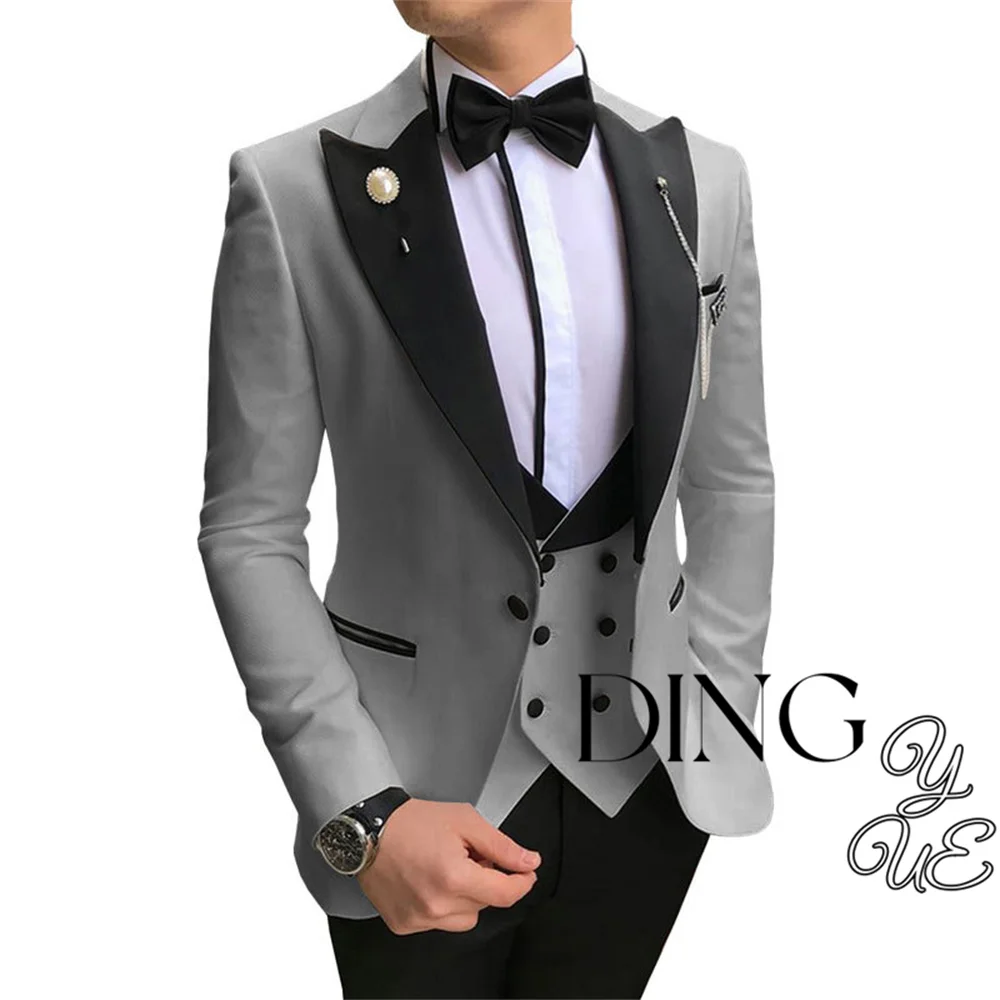 Men Suits 3 Pieces Tailored Best Man Groom Wedding Tuxedo Slim Fit Jacquard Two-color Blazer Jacket Vest Pants Tuxedo Clothing