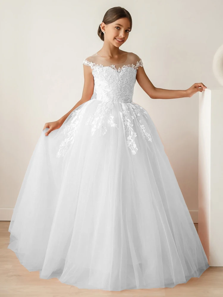 Robes de demoiselle d'honneur roses avec appliques de motif blanc en tulle, nœud en fibre, mariage, fête d'anniversaire, première communion, quoi que ce soit