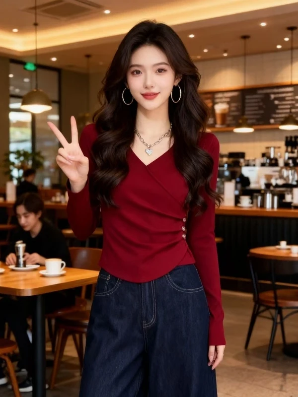 

Красная плиссированная женская футболка из чистого хлопка с длинными рукавами, универсальный топ с эффектом утяжки талии, модный весенний дизайн, большие размеры