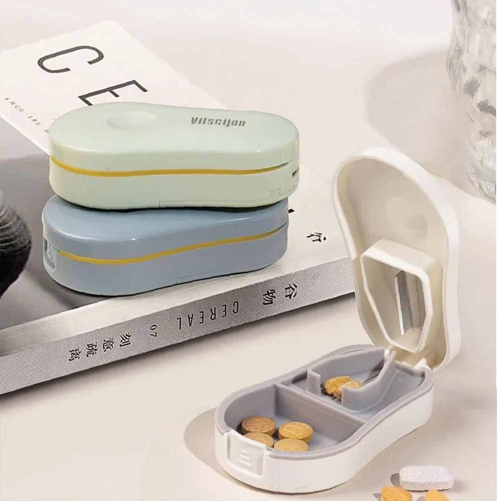 Portable Medicine Cutter V-Grip Tablet Cutter Box Dustproof Cutting Tablets Organizer Crusher Pill Box Tablet Cutter Splitter