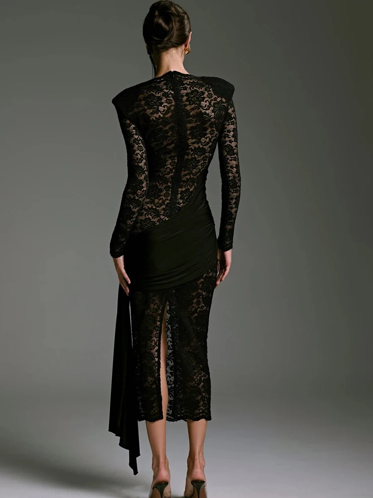 JULISSA MO Sexy Sheer Lace Long Sleeve Women Maxi Dress Shoulder Pads Print Floral Dress Winter Slim Elegant Party Clubwear 2025