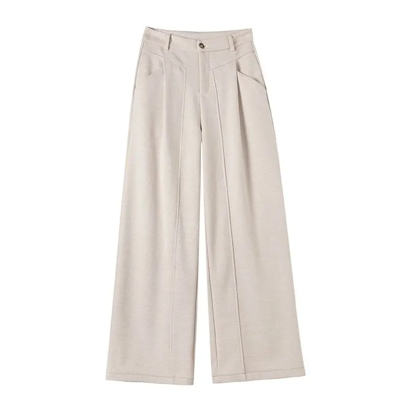 Calças Femininas de Perna Larga com Forro, Cintura Alta, Calças Longas, Primavera 2026, Novo Estilo Casual em Acetato de Lã Xadrez