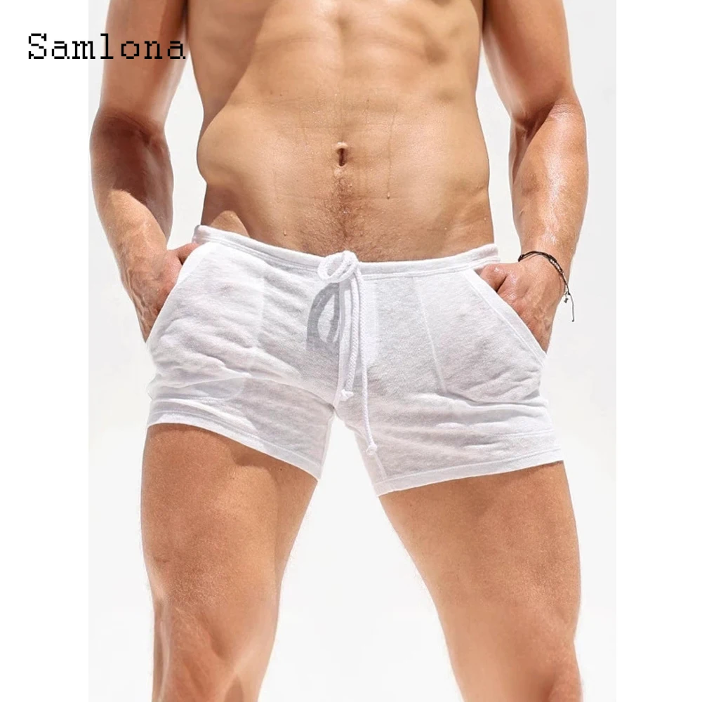 

Новинка 2023 года, сексуальные прозрачные пляжные шорты, мужские повседневные прозрачные шорты с карманами-стойкой, однотонные белые ультра-шорты на шнурке