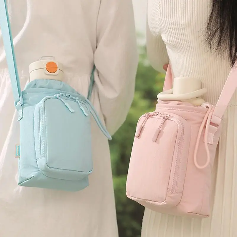 Portable Water Bottle Bag With Adjustable Strap Thermal Mugs Protective Cover Phone Pocket Outdoor Sports Travel Bag