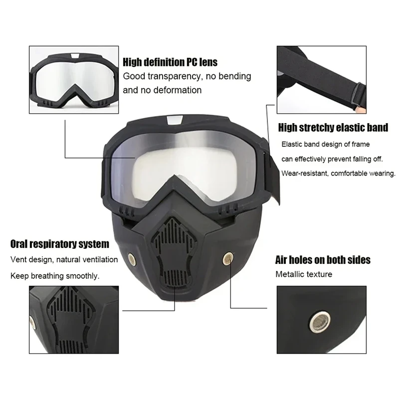 Protective Motorcycle Face Mask Removable Full Face Tactical Motorcycle Helmet Goggles Windproof Snowboard Eyewear UV Protection