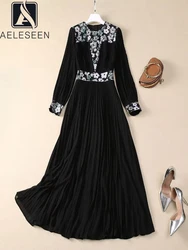 AELESEEN Runway Fashion Black Pleated Dress Women Autumn Full Sleeve Luxury Sequined Embroidery Elegant Long Party Holiday