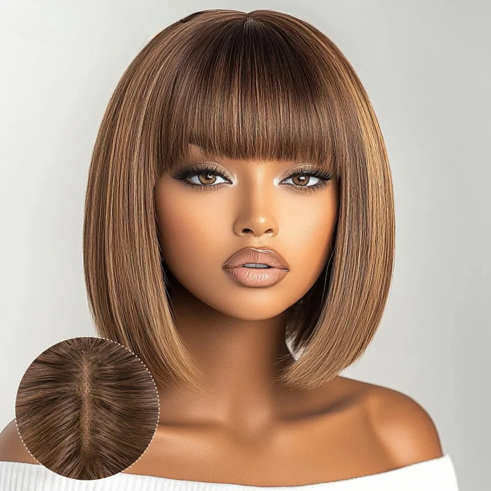 Прямые парики на шнурке Боб, человеческие волосы, прямые парики из натуральных волос с челкой # 27 Коричневые кружевные парики с бахромой, средняя часть Боб, Реалистичная кожа головы