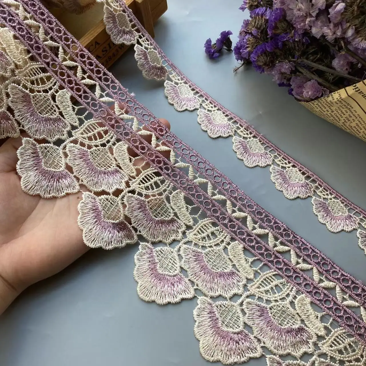 2 Yards Embroidery Purple Leaf Flower Lace Ribbon Trims for Sofa Curtain Trimmings Dress Costumes Applique Beige 10 cm 3 cm New