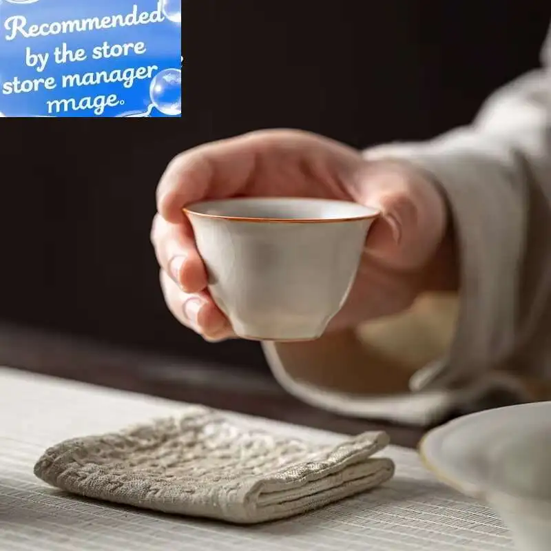 

Beige Ru Kiln Tea Cup Chinese Tea Cup Teacup Bowl Porcelain Cups Gift Jingdezhen Cute Ceramic Teaware Infusers Tool Chhai Pair