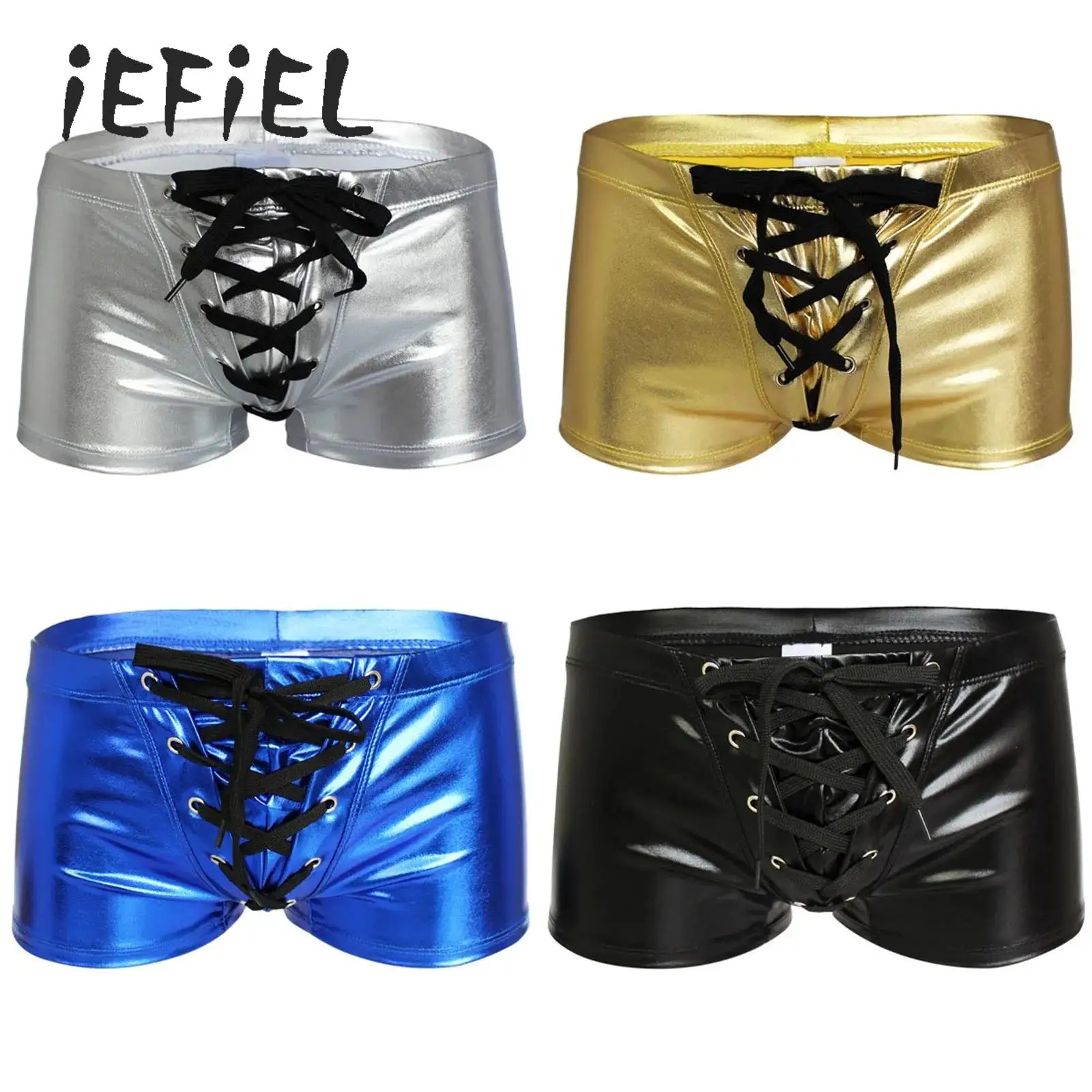 Męskie bokserki kąpielowe metaliczne błyszczące sznurowane majtki bikini z niskim stanem kąpielówki strój kąpielowy na imprezę basen rave spodnie kąpielowe