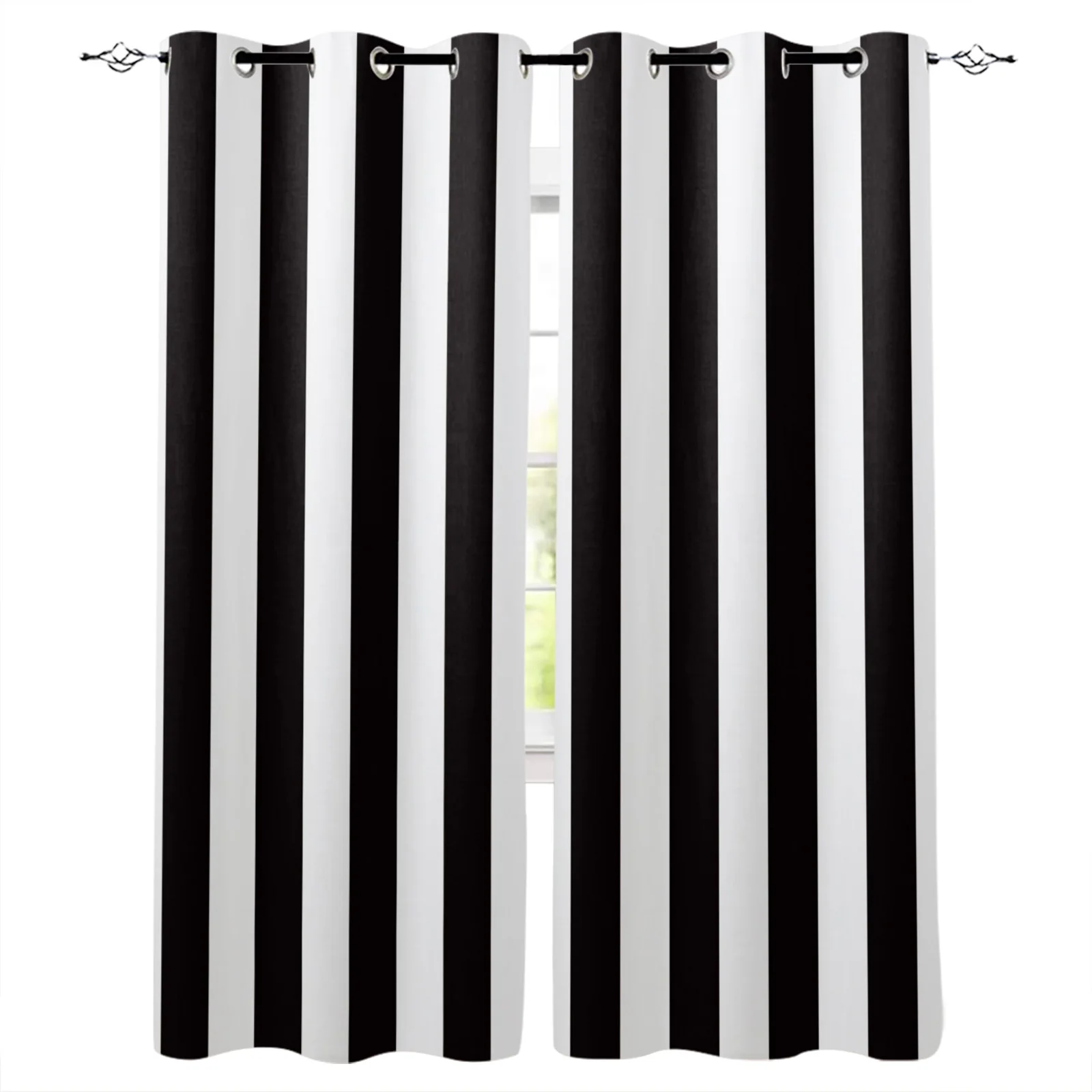 Simple Black And White Stripes Abstract Boy Window Curtains Drape for Kids Bedroom Living Room Kitchen Door Home Decor 2Pieces